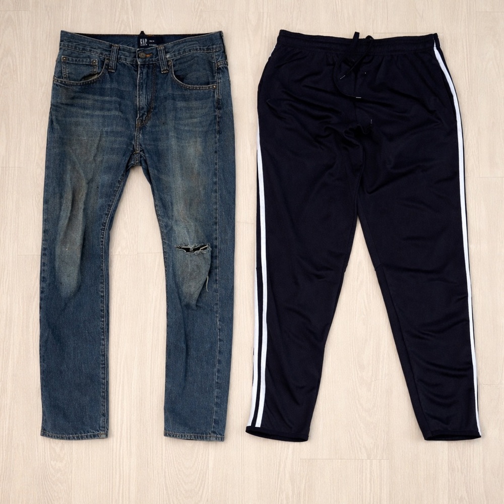 2 Pants Men's Blue Jeans and black sport pants